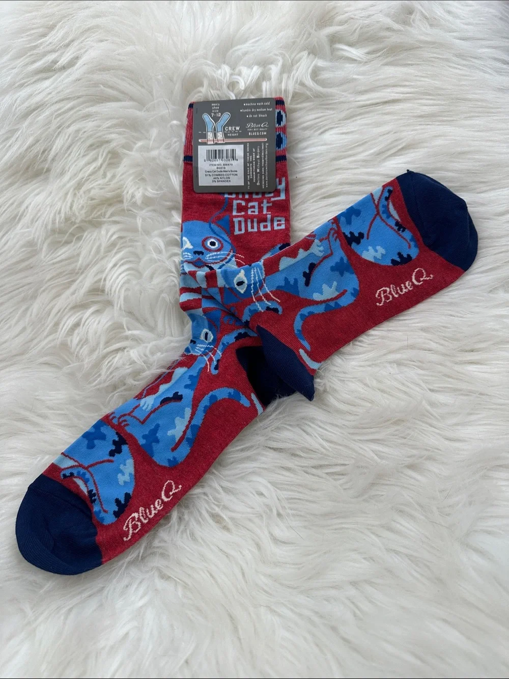 Blue Q Crazy Cat Dude Men's Crew Socks - Red & Blue